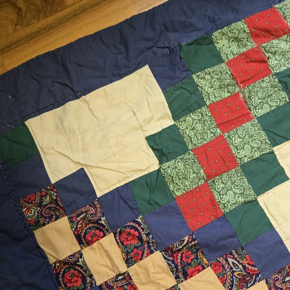 Vintage Quilt -Red Blue Double Irish Chain Pattern - Full/Queen Size 94×80